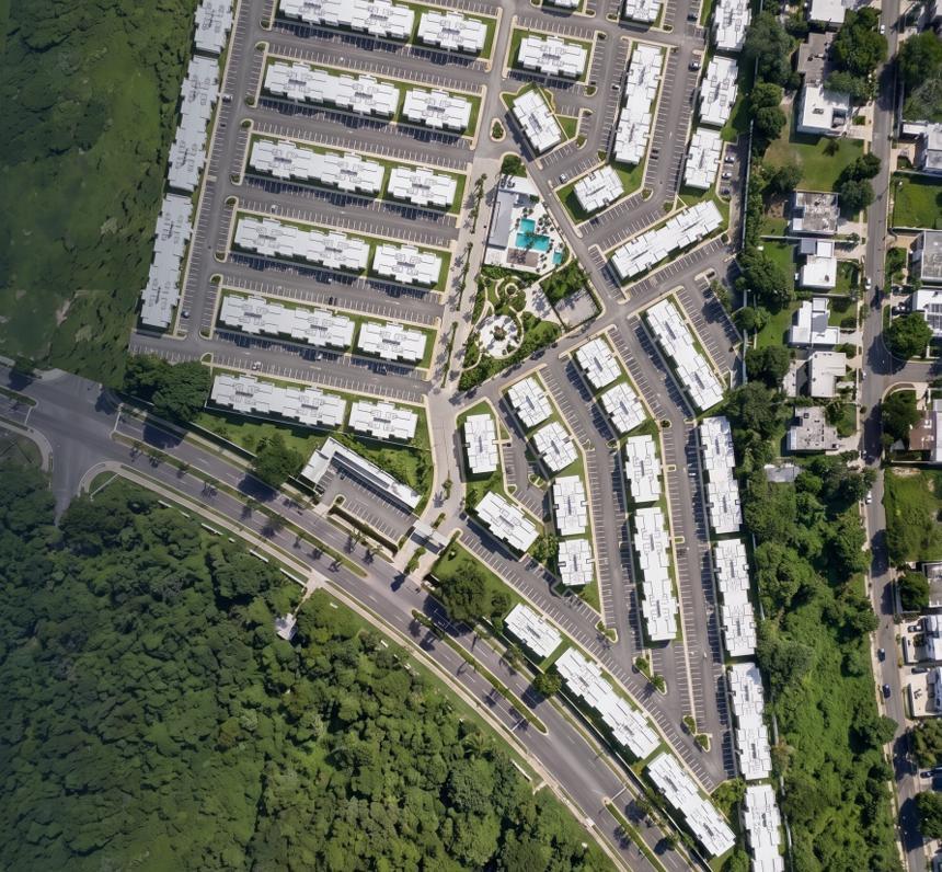 Vista aérea del plan maestro del proyecto, ángulo alterno (render)