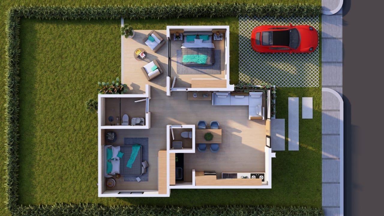 Distribución de villa — vista aérea (render)