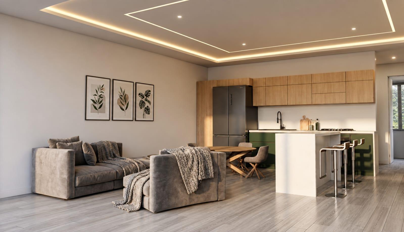 Sala y cocina integradas (render)